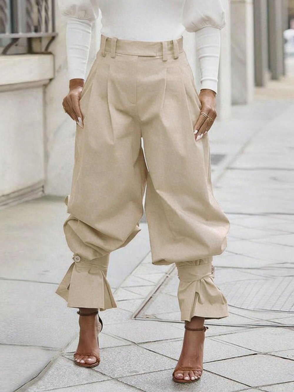 Apricot Casual Women's High-Waist Balloon Pants with Pleated Ruffle Hem - Picture 4 of 4